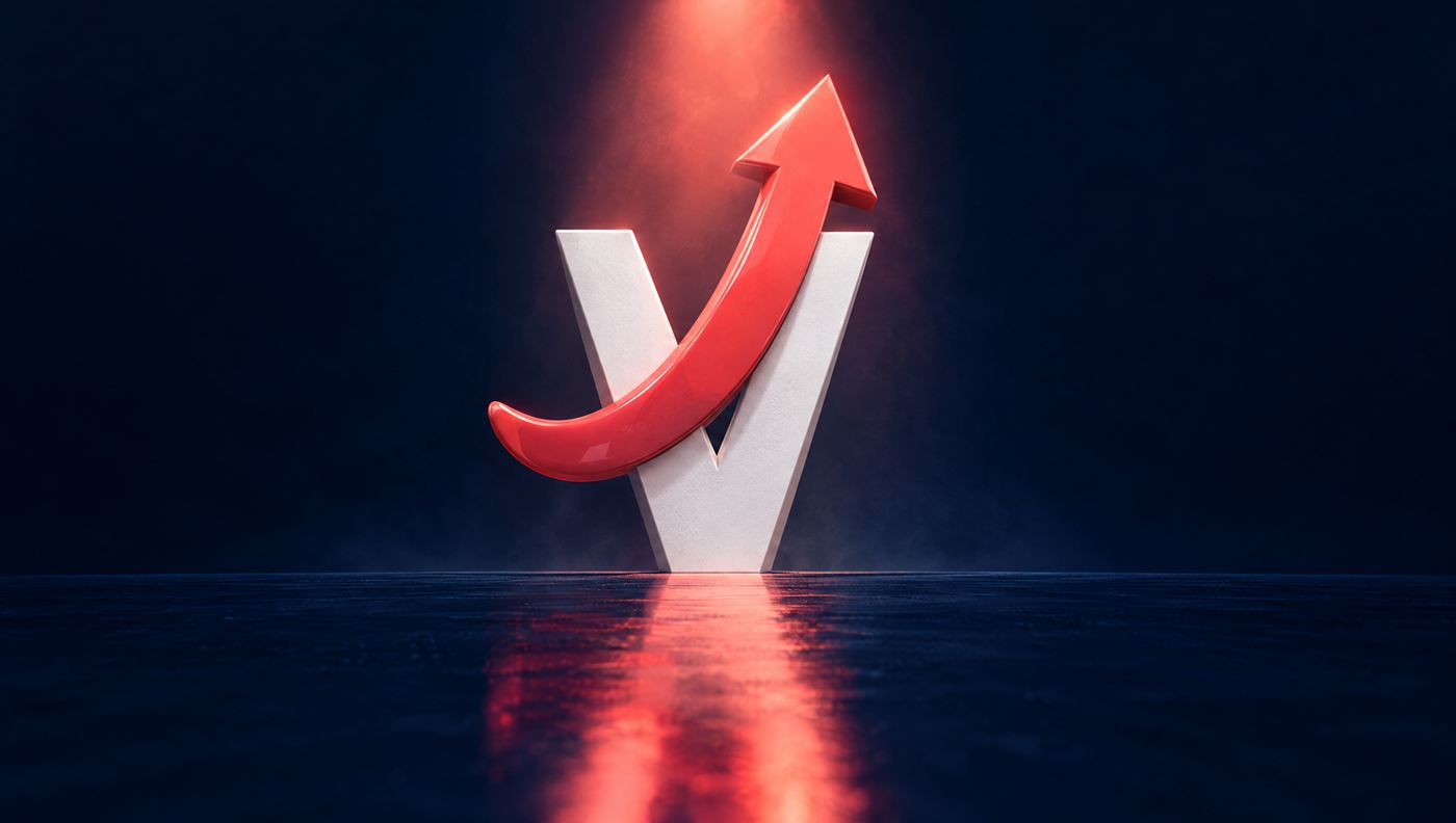 Low-angle view of the Viral Tone V sculpture with its coral arrow pointing up into a coral beam of light