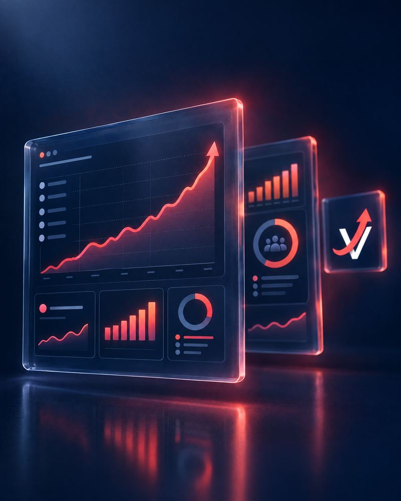 Floating glass ad dashboards with a coral performance line climbing into an arrowhead, next to a card showing the Viral Tone mark