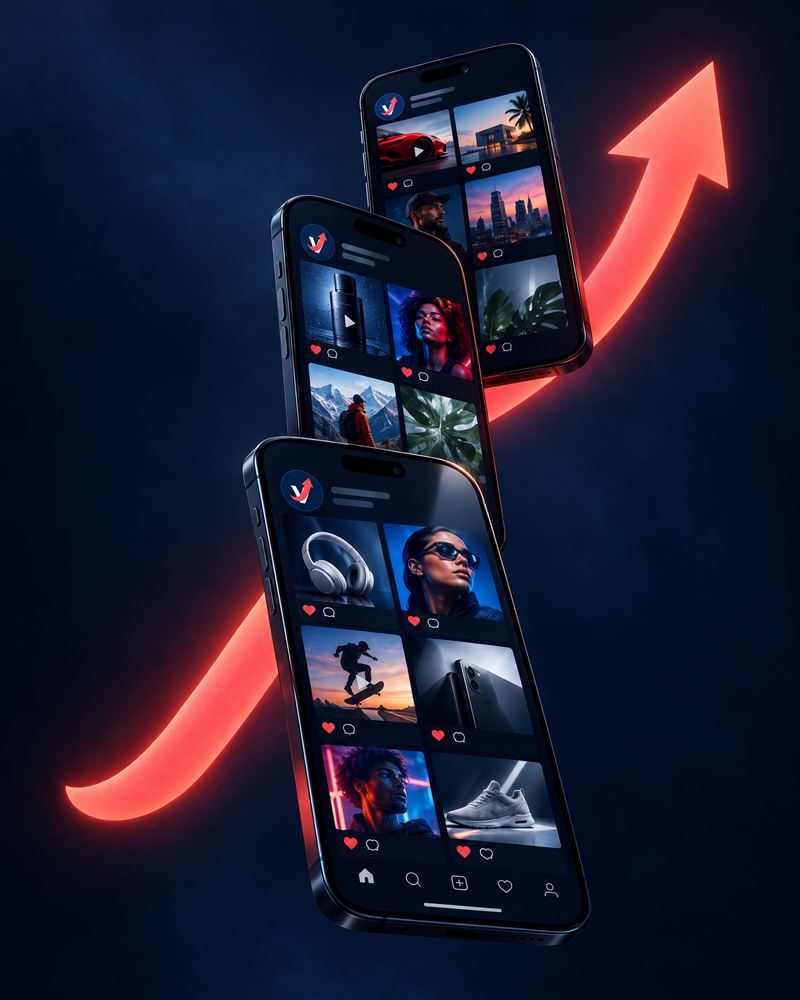 Three smartphones showing social feeds with the Viral Tone mark as the profile picture, with a glowing coral arrow rising behind them