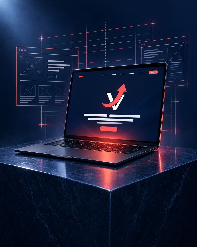 A laptop on a dark stone plinth displaying a navy website with the Viral Tone mark, surrounded by coral wireframe layouts